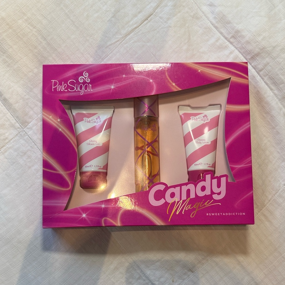 Pink Sugar 50ml perfume with Scented shower gel and body Lotion set gift